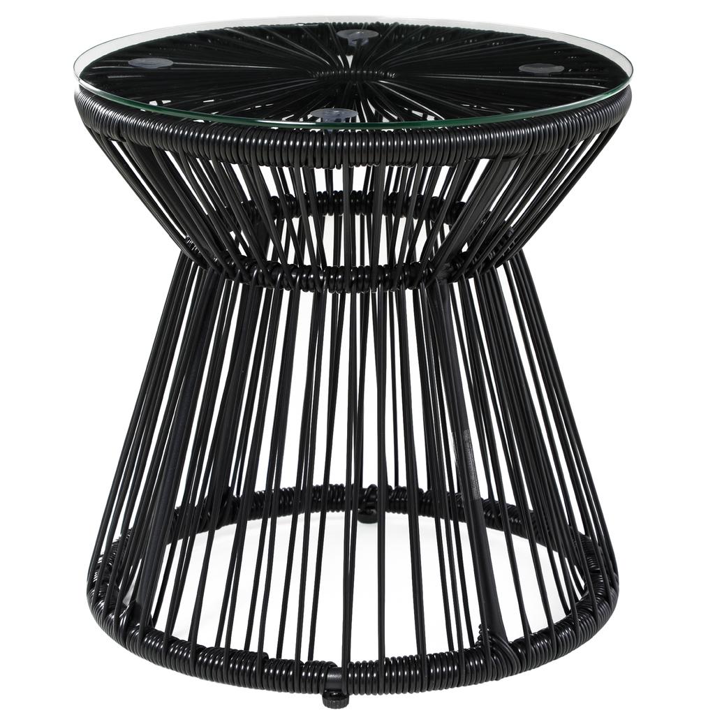 Runder Beistelltisch, Rattan-Beistelltisch, Hohlzylinder-Design Couchtisch mit Glasplatte für Terrasse, Garten, Balkon Schwarz