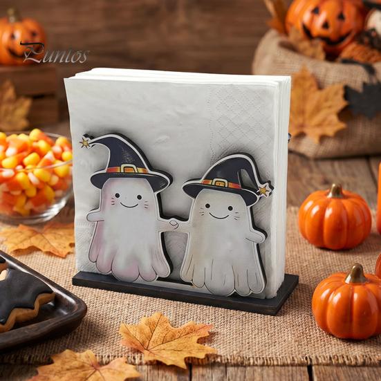 Rosa Kürbis Tischdekoration Halloween Holz Serviettenhalter, Niedlicher Pastell Geist Schwarze Katze Tischoberfläche Taschentuchspender, Wasserdichtes Dekoratives Papierhandtuch
