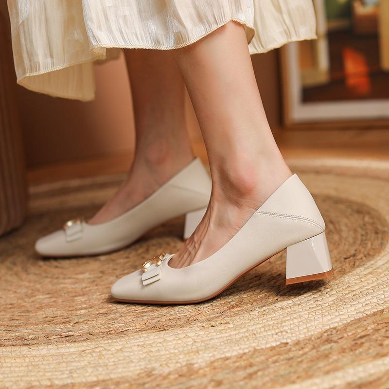 Soft Sheepskin Work Shoes Spring and Autumn Thick Heels High Heels Temperament Square Head Single Shoes Mary Jane Shoes Fashion Versatile