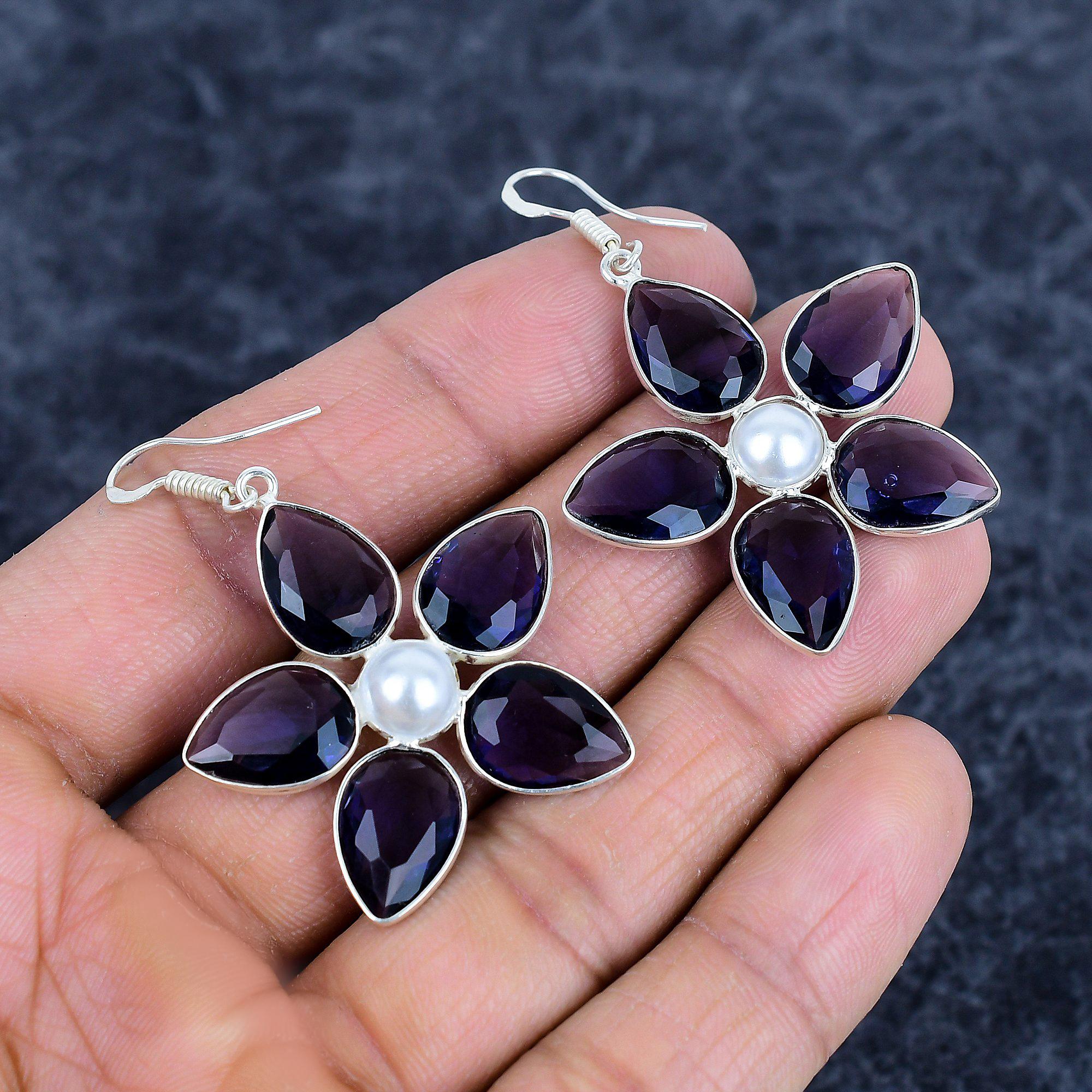 

Amethyst, Pearl Gemstone Handmade 925Sterling Silver Jewelry Earring 2.17 M-3162