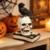 Vintage Style Skull Statue Mystical Raven On Statue, Gothic Crow Perching Figurine Decor with Book, Spooky Halloween Resin Sculpture for Desk