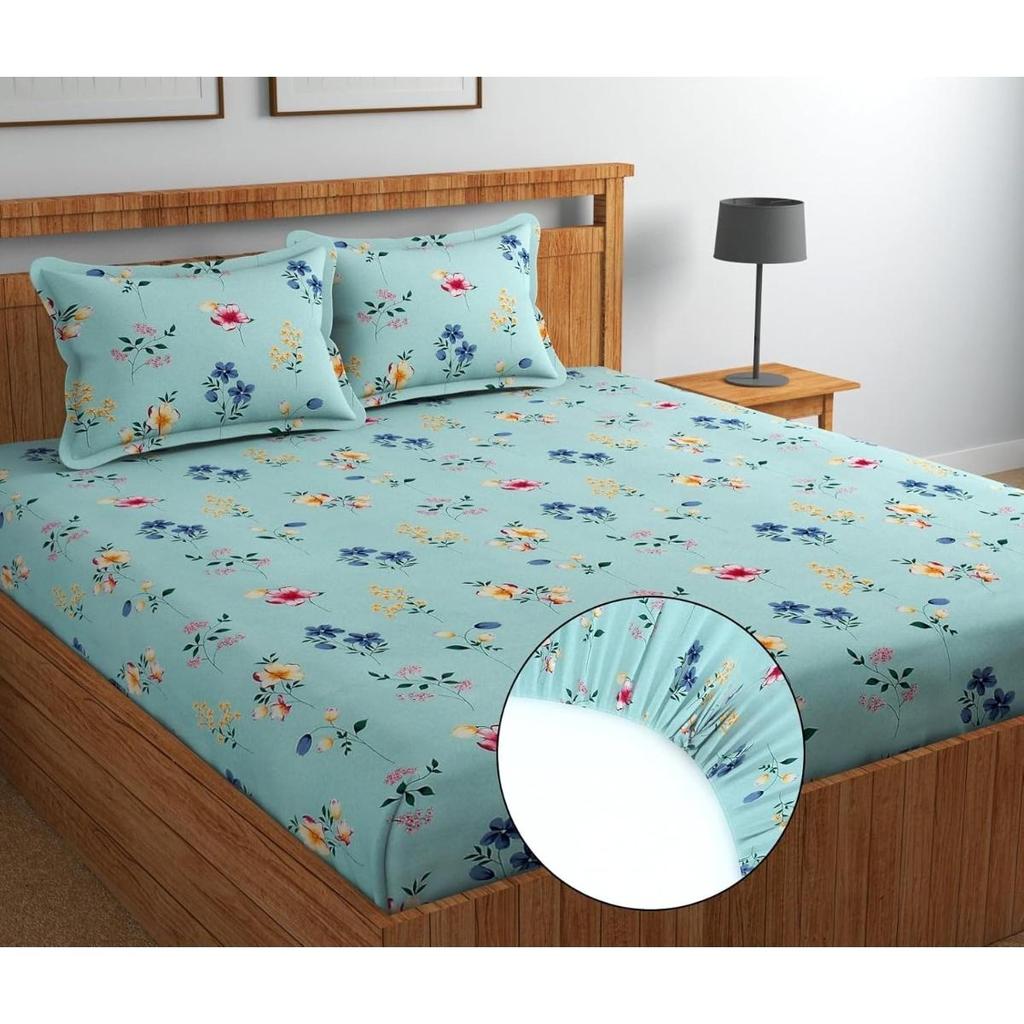Premium Cotton Elastic Fitted Bedsheets  | Size: Bedsheet - 198.12CM x 182.88CM + 25.4CM (Drop) Pillow Cover -  46 cm x 68 cm