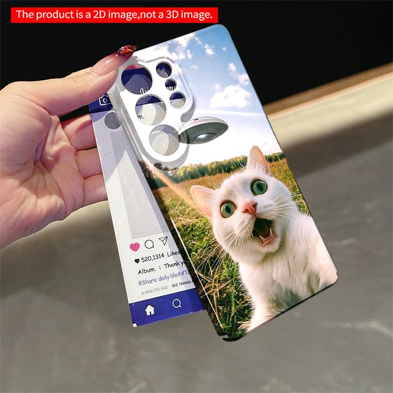 2DFlat Samsung phone case Surprised White Cat Meets UFO in Sunny Field Applicable to Galaxy S22 S23 S24 S25ULTRA S26 A12 A13 A14 A15 A16