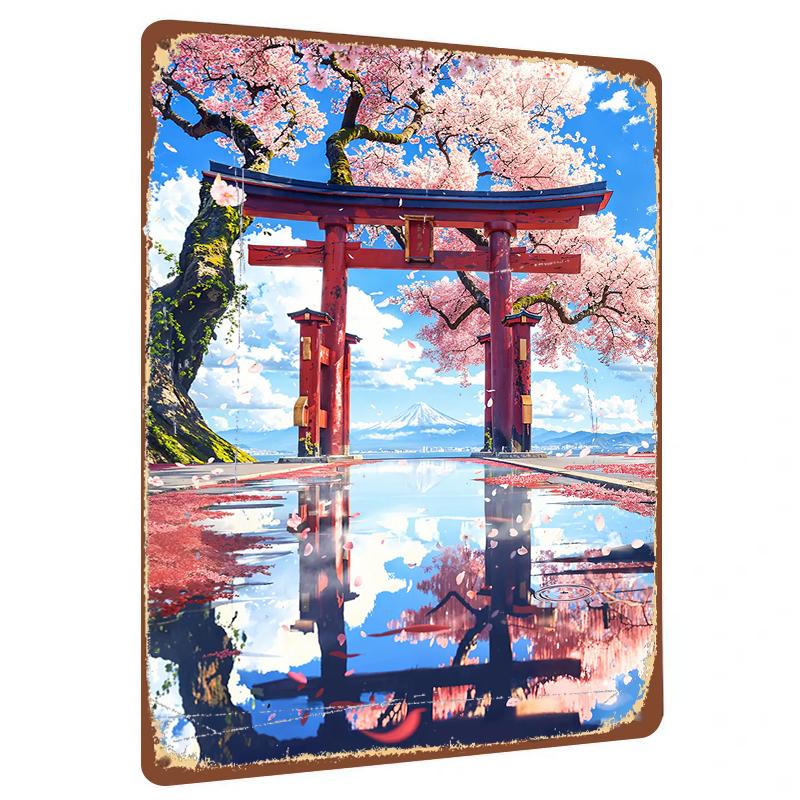 

Japanese Cherry Blossom Torii Gate Fuji Mountain Scenery Metal Iron Painting Home Wall Decor Living RoomMural 20x30cm（7.8x11.8inch）