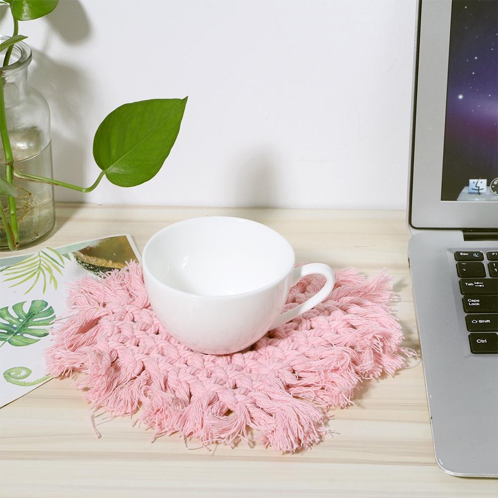 Household Kitchen Cotton Coffee Cup Coaster with Tassel Heat Insulated Pad Placemat Decoration(Pink Heart Shaped)