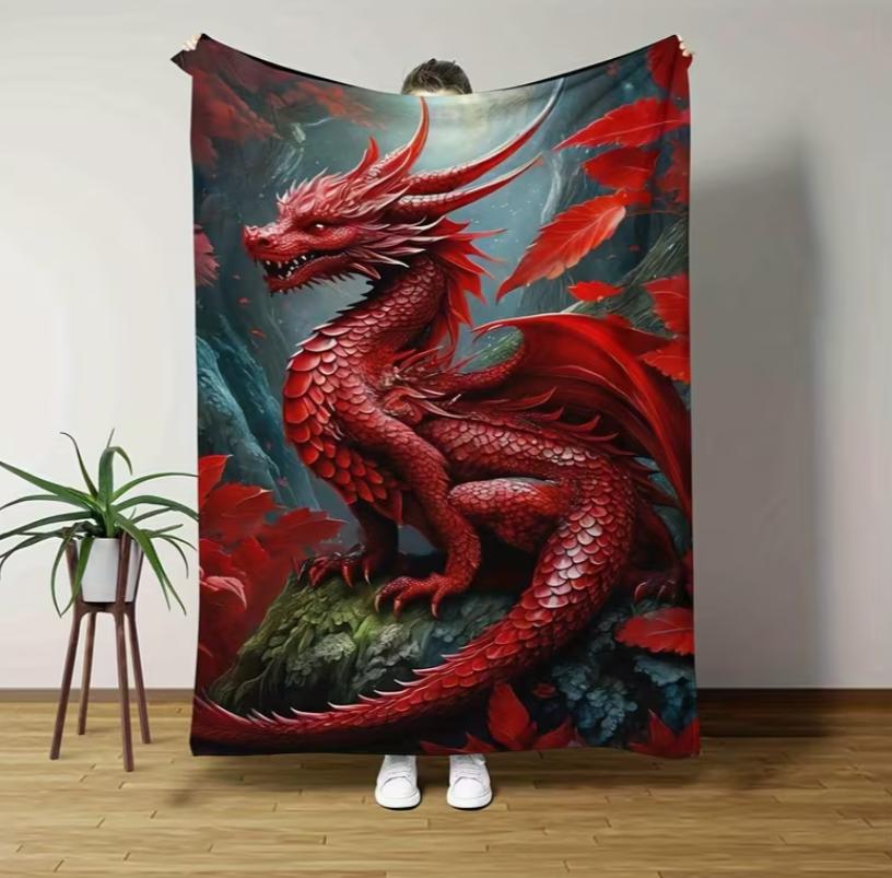 Red Dragon Style Flannel Printed Gift Blanket Warmth Throw Blanket AllSeason Cozy Suitable Bed Car Camping Irish Gift St Day