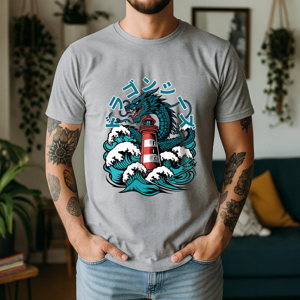 2026 Summer Unisexs Japanese Dragon Lighthouse Graphic Oversize Tee 100 Cotton UkiyoE Short Sleeve