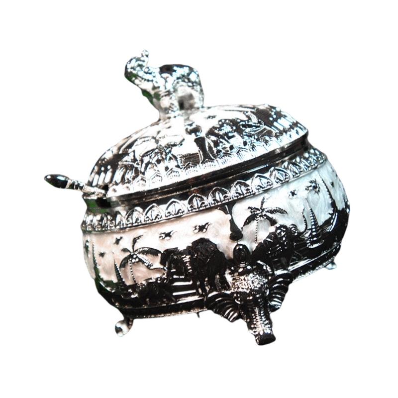 Q1JB Elegant Alloy Sugar Bowl with Lid and Spoon Elephant Kitchen Container Alloy Texture Table Decorating Accessories