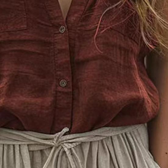 Women Summer Shirt Stand Collar V-Neck Sleeveless Buttons Placket Shirt Tops Solid Color Casual Shirt