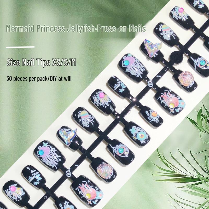 

Iridescent Mermaid Jellyfish Press-On Nails: 3D Seashell Fishtail with Bubble Beads & Rhinestones, 30-Piece Set