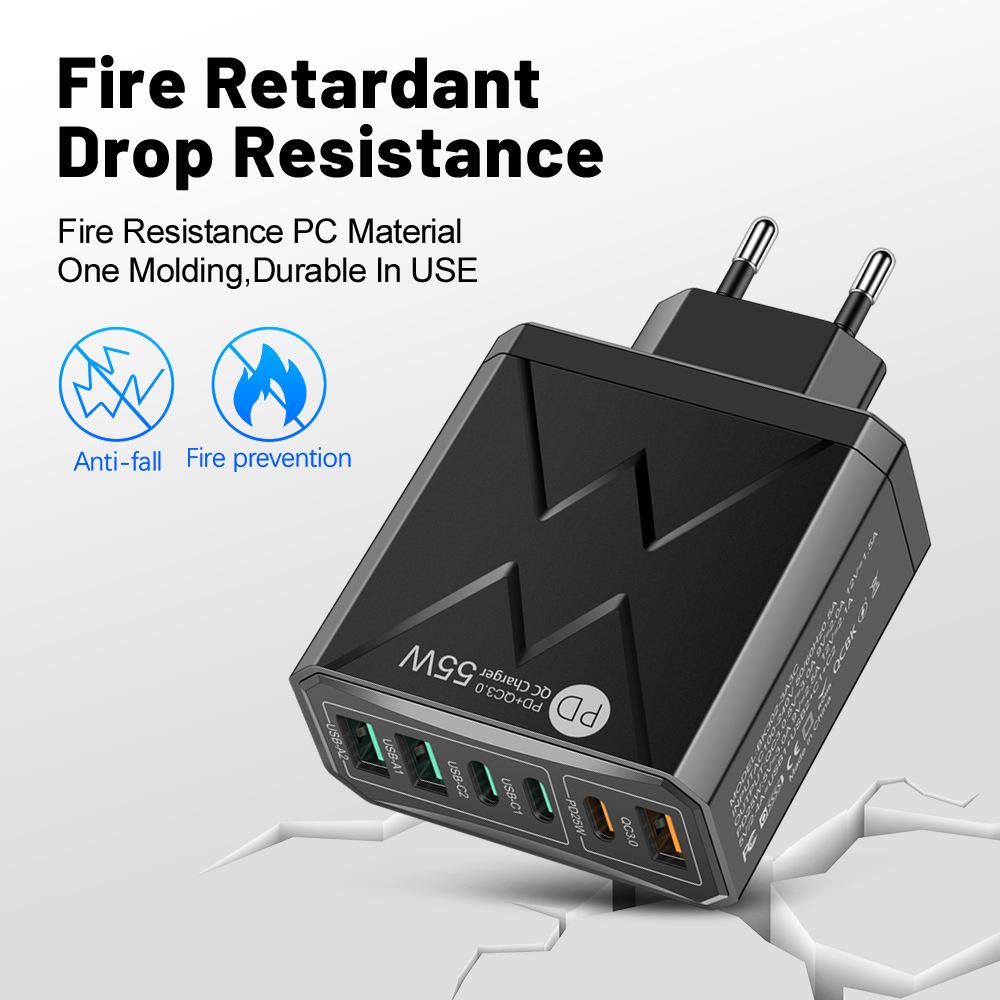 PD55W Multi-Port Fast Charger with QC3.0 for EU, US, UK Standards
