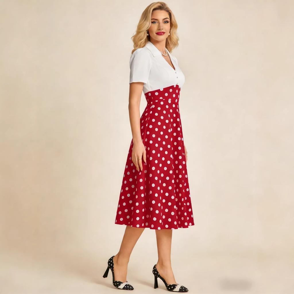 Retro Polka Dot Patchwork Kleid Damen Kurzarm V-Ausschnitt Mittellang Lang Temperament Elegant Französisches Kleid