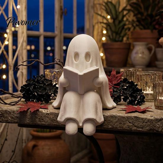 Small Shelf Sitter Ghost Reading Book Halloween Decoration, 3D Printed Statue, Unique Bookshelf Figurine Cute Spooky Sitting for Bookshelf,
