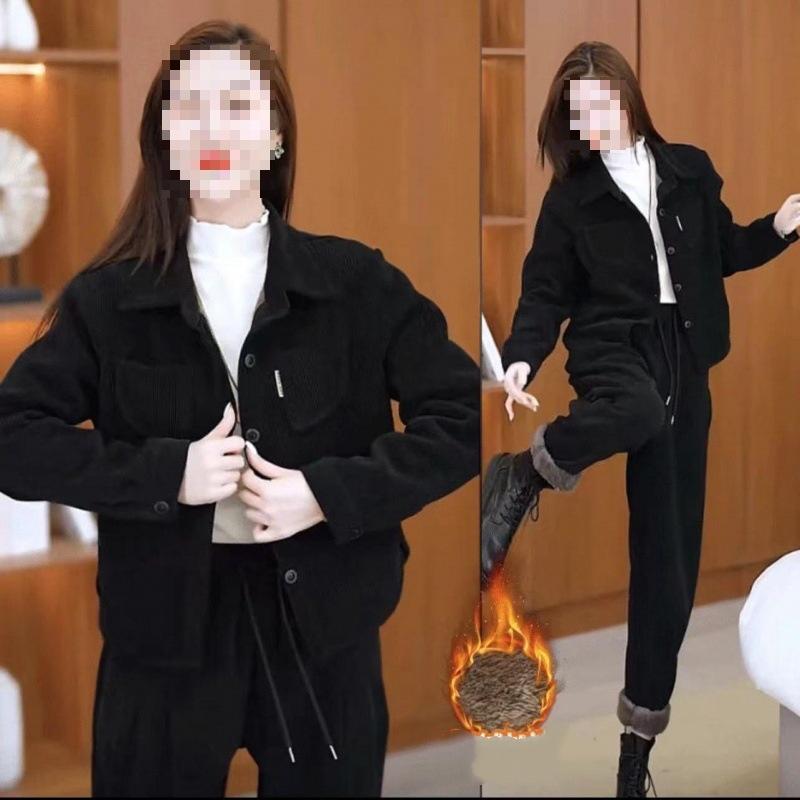 Plus Sametový Zesílený Retro Módní Manšestrový Oblek Dámský Podzimní a Zimní Nadměrná Velikost Západní Ležérní Bunda Dvoudílný Trend