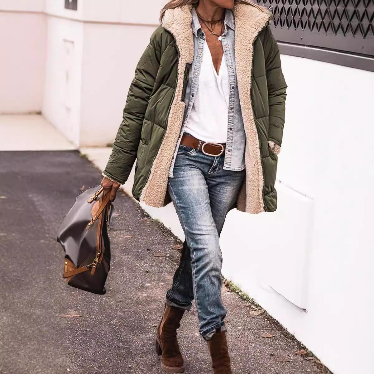 

Женские двусторонние стеганые куртки повседневные флисовые шерпа на молнии с капюшоном теплые зимние пальто S зелёный