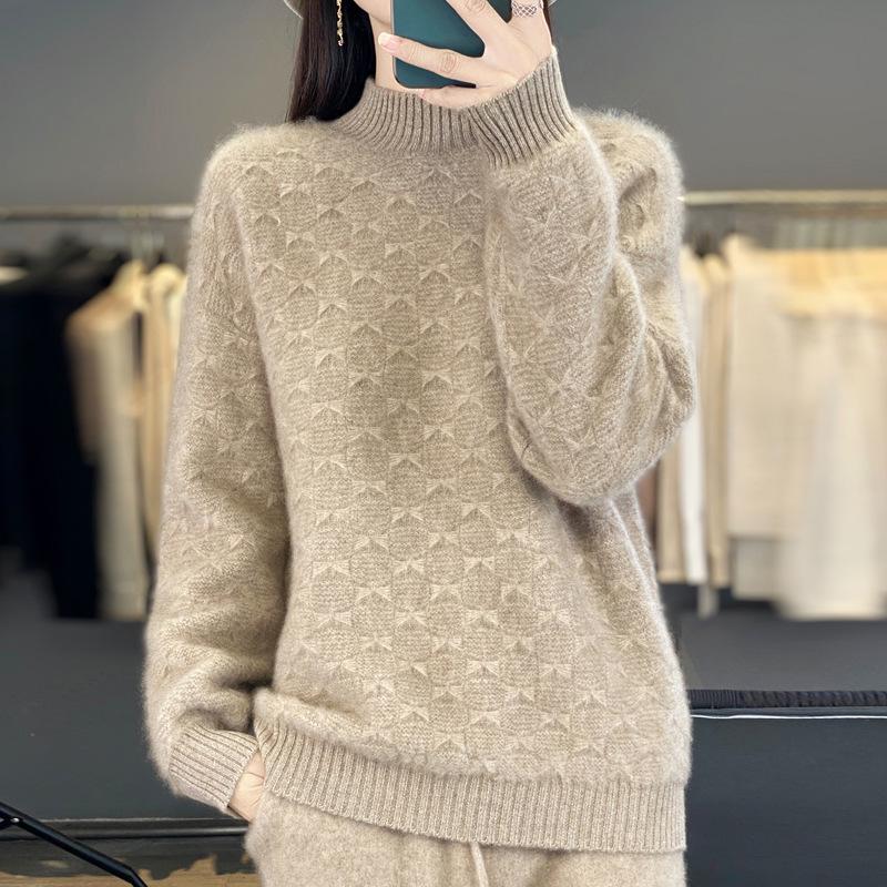 Women's Thickened Wool Half-High Collar Cable Knit Sweater - Loose, Versatile Long Sleeve Cashmere Knitwear