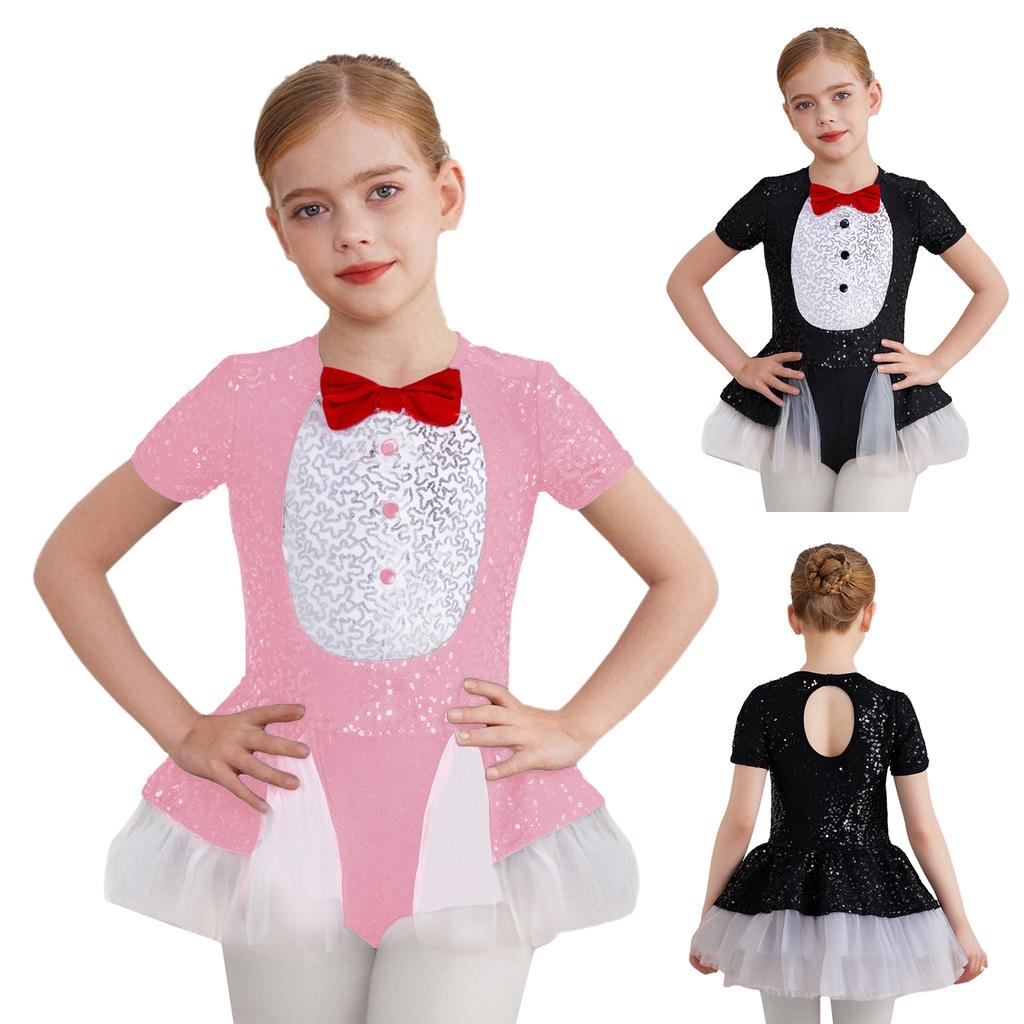 Girls Penguin Costume Color Contrast Sequins Dress Round Neck Short Sleeve Bow Tie Buttons Puffy Mesh Skirt