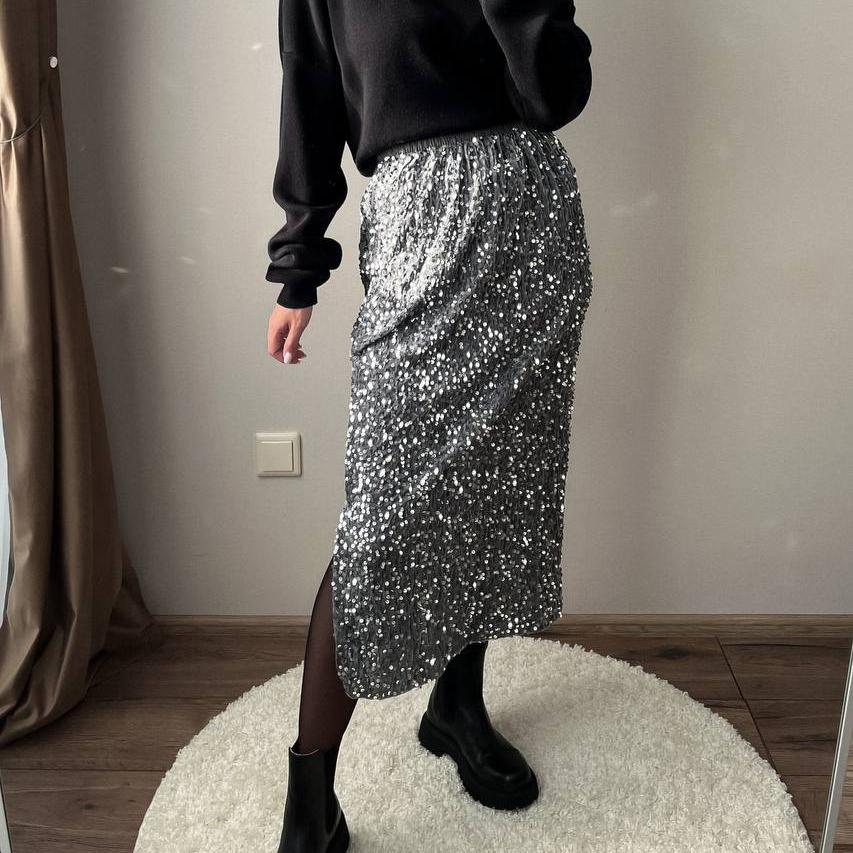 

Осенне-зимнее сплошное бархатное платье миди с блестками, универсальная элегантная сексуальная женская юбка L серебряный