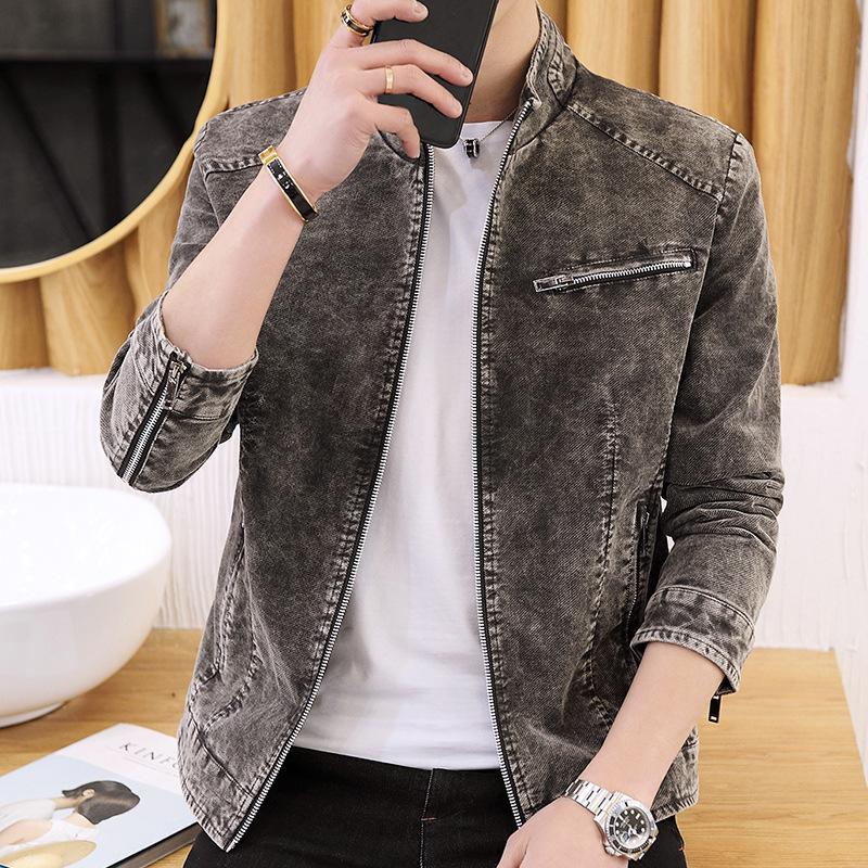 

Autumn Men Stand Collar Denim Jacket Fashion Retro Motorcycle Coats Male Long Sleeve Zipper Casual Skinny Jeans Outerwear XS сірий