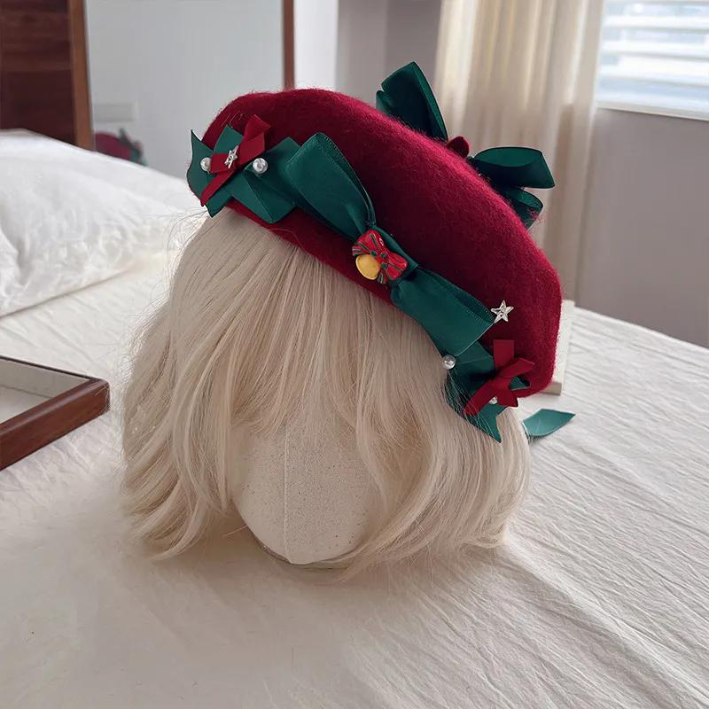 

WTEMPO Women s Cold-proof Windproof Japanese-style Beret Hats Christmas Versatile Woolen Autumn Winter Red Hat, Christmas Party Green Bow Hats 1pc красный