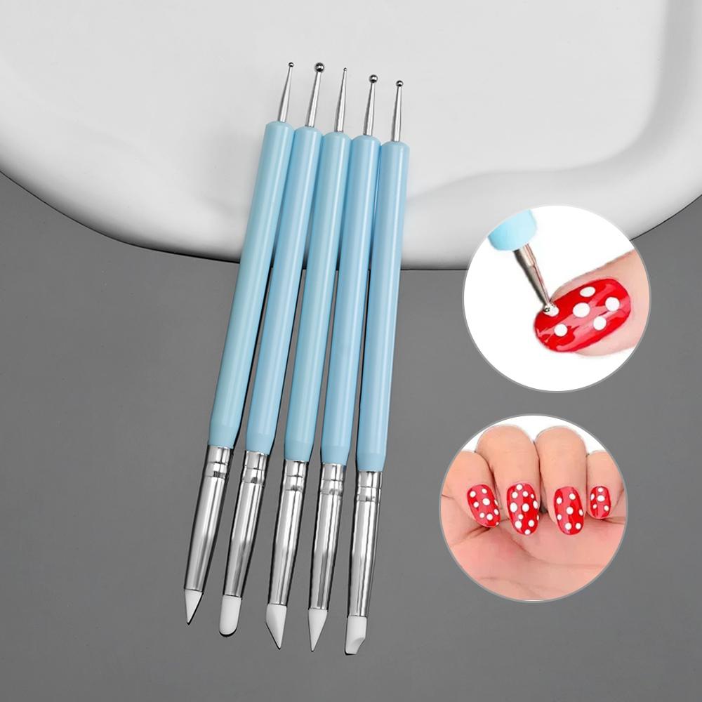 5Pcs/Set Silicone Clay Sculpting Nail Art Silicone Pen Dual Head Embossing Brush UV Gel Dotting Painting Pen Nail Drawing Tools