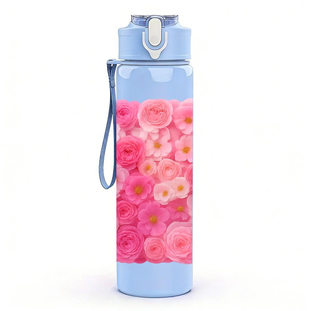 1PC Pink Chrysanthemum Full Bloom Print 750ml Color Plastic Sports Water Bottle Leakproof Flip Straw Lid Suitable for Sports Office Home Use