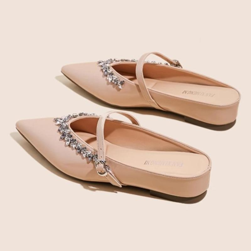 Fashion Heightened Inside Pointed Toe Outside Wear Half Slippers One Strap French Rhinestone Versatile Flat Single Shoes for Women
