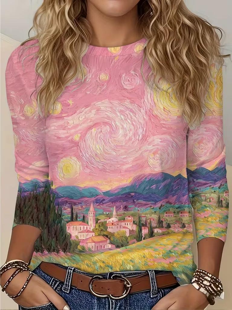 T-shirt da donna a maniche lunghe con scollo rotondo per primavera e autunno, stampa 3D, streetwear, casual, top larghi, magliette, taglie forti