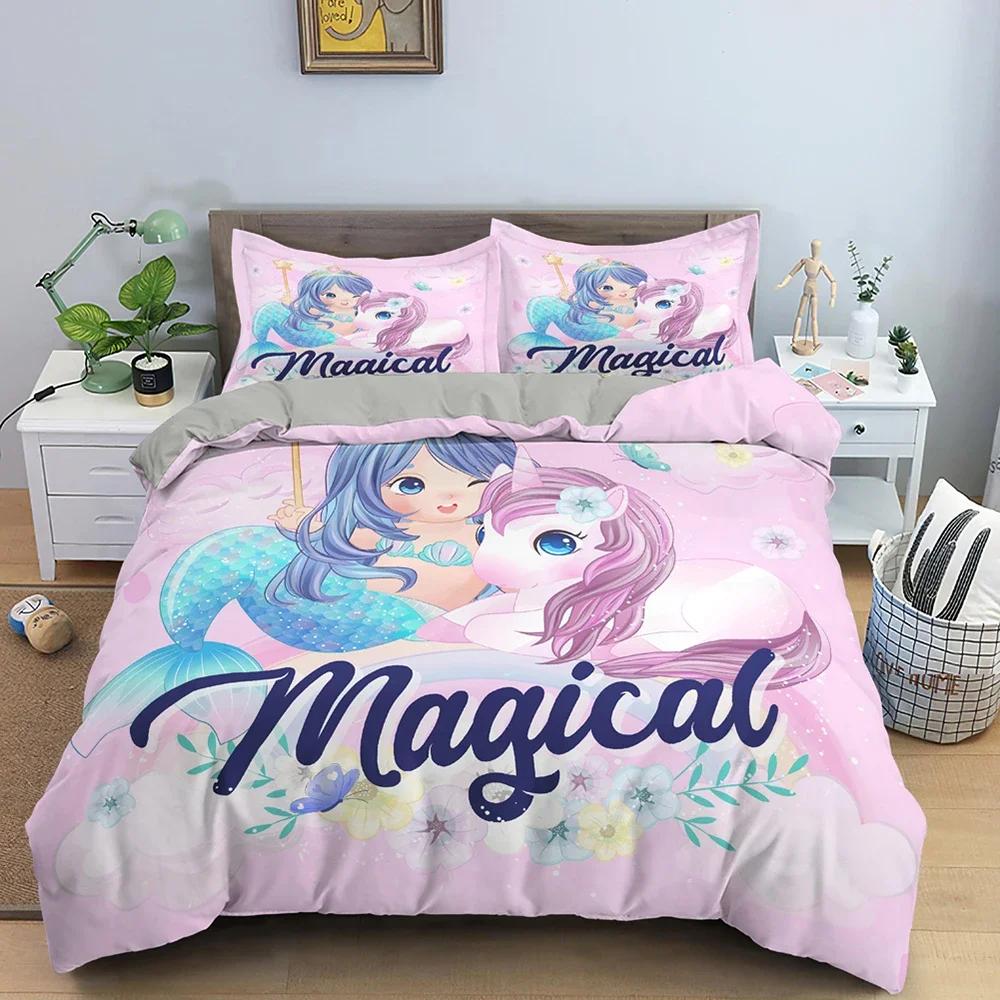 Mermaid Cute Cartoon Comfortable Duvet Quilt Cover Pillowcase Bedding Set Children Bedroom Decoration Home Textile