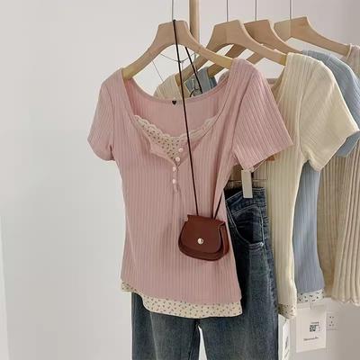 Floral Lace Short-sleeved T-shirt for Women Spring and Summer New Design Half-open Collar Pure Lust Hottie Bm Fake Two-piece Top