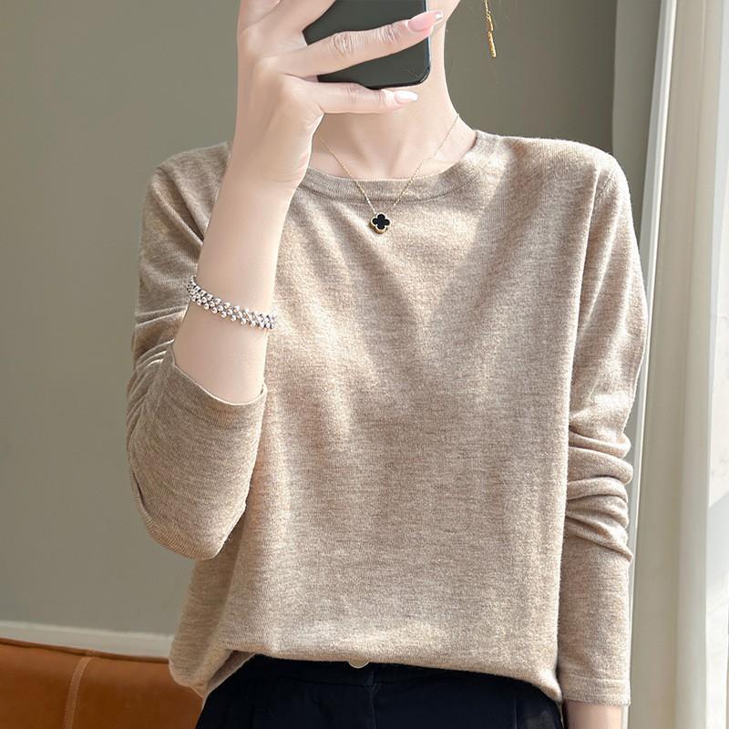 2026 Fall Thin Wool Blend Knit Sweater Round Neck Long Sleeve Loose Slim Fit Basic Top Women