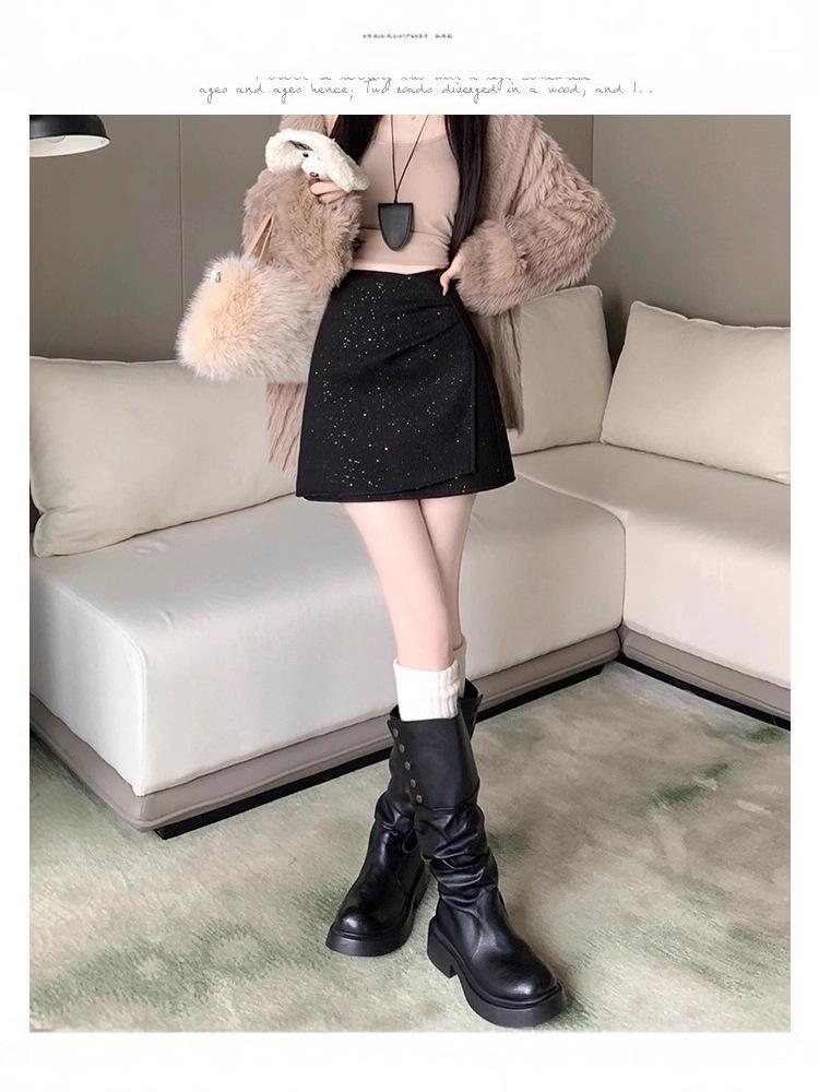 Women's High-Waisted Irregular Pleated Wool Blend A-Line Skirt with Sequins - Autumn/Winter 2025 Collection