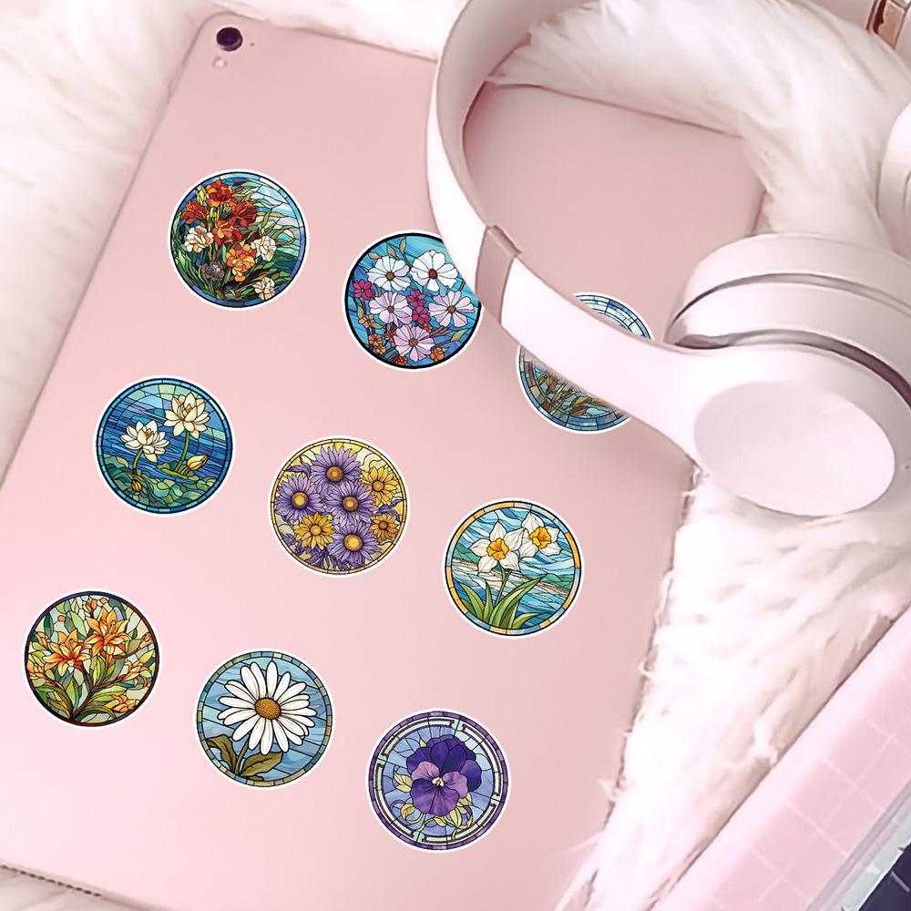 50 Colored Glass Flower Graffiti Stickers Stationery Box Mobile Phone Water Cup Decoration Stickers Waterproof Creative Children's Stickers