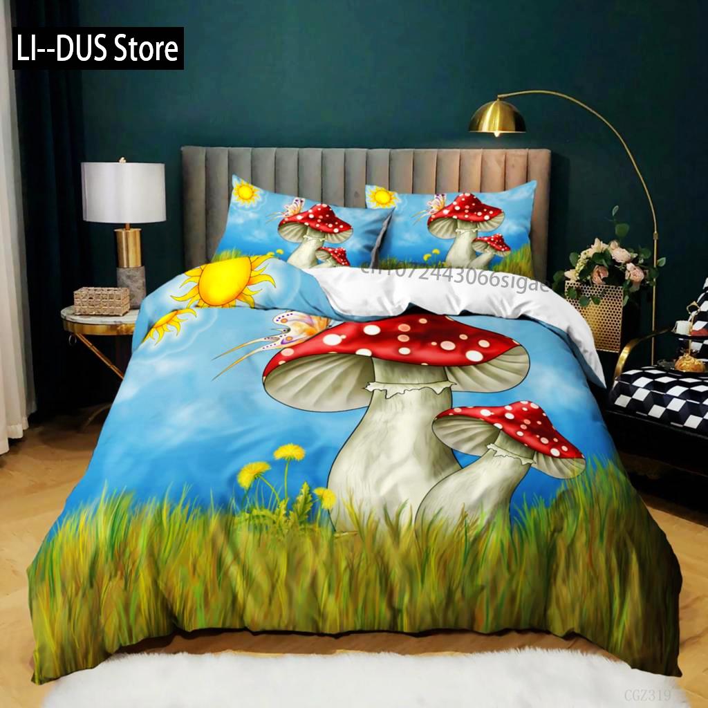 Mushroom Duvet Cover Set Queen Size Microfiber Mushrooms Ornate Doodles With Swirls Eyes Psychedelic Botany Bdding Set For Teens