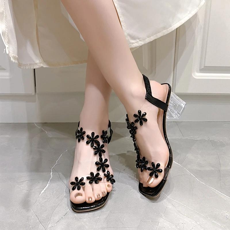 Women's Mid-heel Sandals Flower Elastic Band Crystal Square Root Heels Women Dress Square Toe French Lovely Sandalias De Mujer