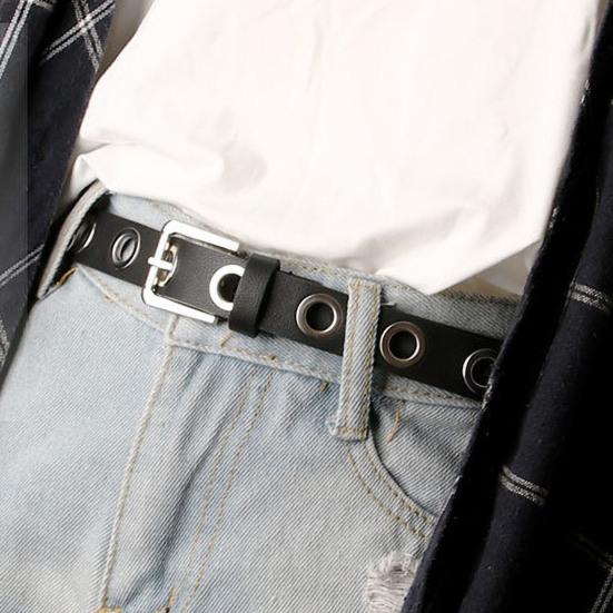 Women Thin Pants Belt Metal Buckle Faux Leather Waistband Adjustable Length Multi Holes Design Jeans Belt
