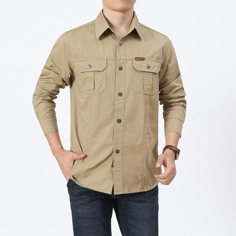 Spring and Autumn New Cotton Long Sleeve Shirt Men's Large Size Loose Solid Color Casual Top Military Washing Shirt Men