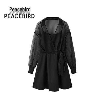 PEACEBIRD Damen Sommer Faux Zweiteiler Langarm Lässig Kurzkleid