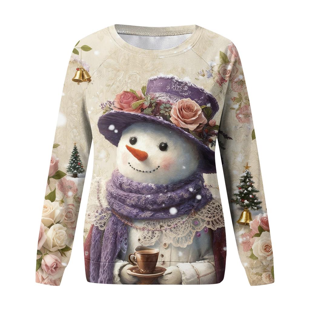 Women's Fashion Casual Long Sleeve Christmas Printed Neck Sweatshirt Top