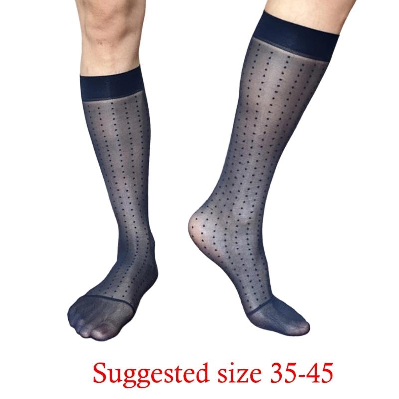 Men's Fashionable Sheer Over the Calf Long Socks Breathable See Through Dot Pattern Dress Suit Socks for Business Wear