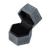 Hexagonal Ring Presentation Box with Black Interior, Gold-Tone Border Pattern, and Attached Lid for Retail Display