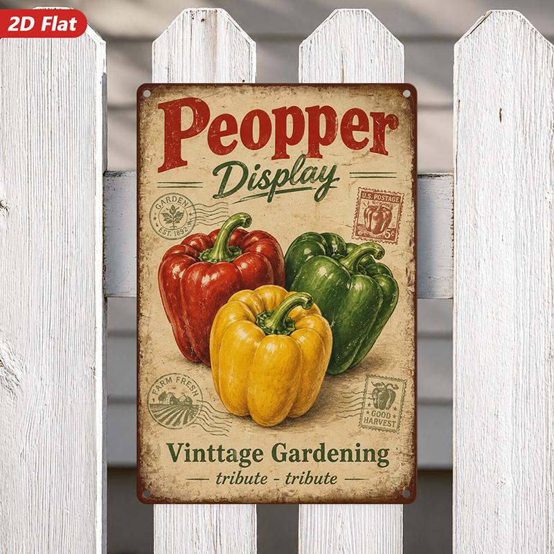 2D Flat, 1pc Vintage Pepper Art Metal Sign Wall Art, Pepper Display, Trio Bell Peppers, Postal Stamps, Rustic Harvest, Home Decor, Vintage Farm Art, I