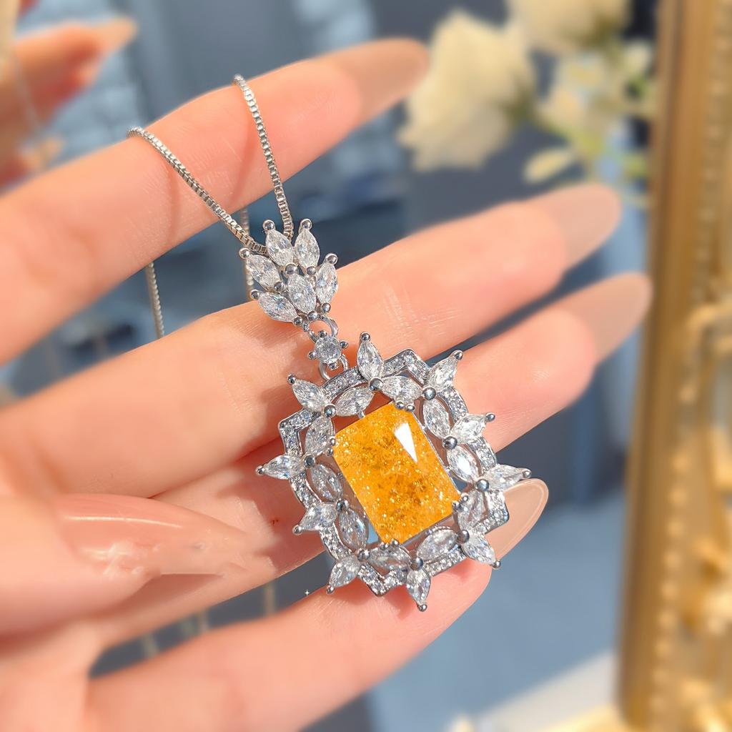 Temperament Yellow Diamond Imitation Ice Flower Cut Necklace Simple Princess Square Diamond Earrings Open Ring Color Treasure Set