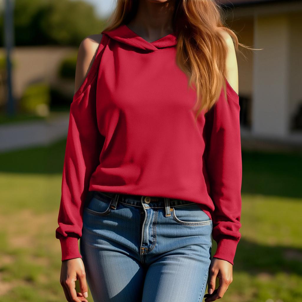 Women's Fashion Casual Solid-color Long-sleeved Off-the-shoulder Hooded Sweatshirt