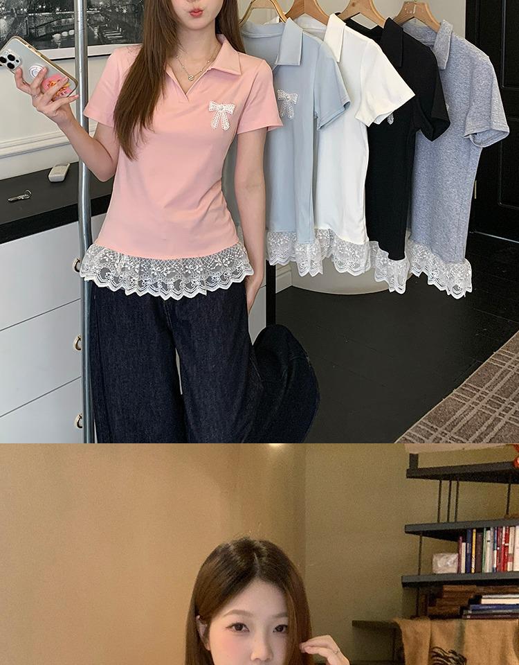 Plus Size Lace Hem Bow Collar Short Sleeve Top for Women - Summer Slimming Polo Style
