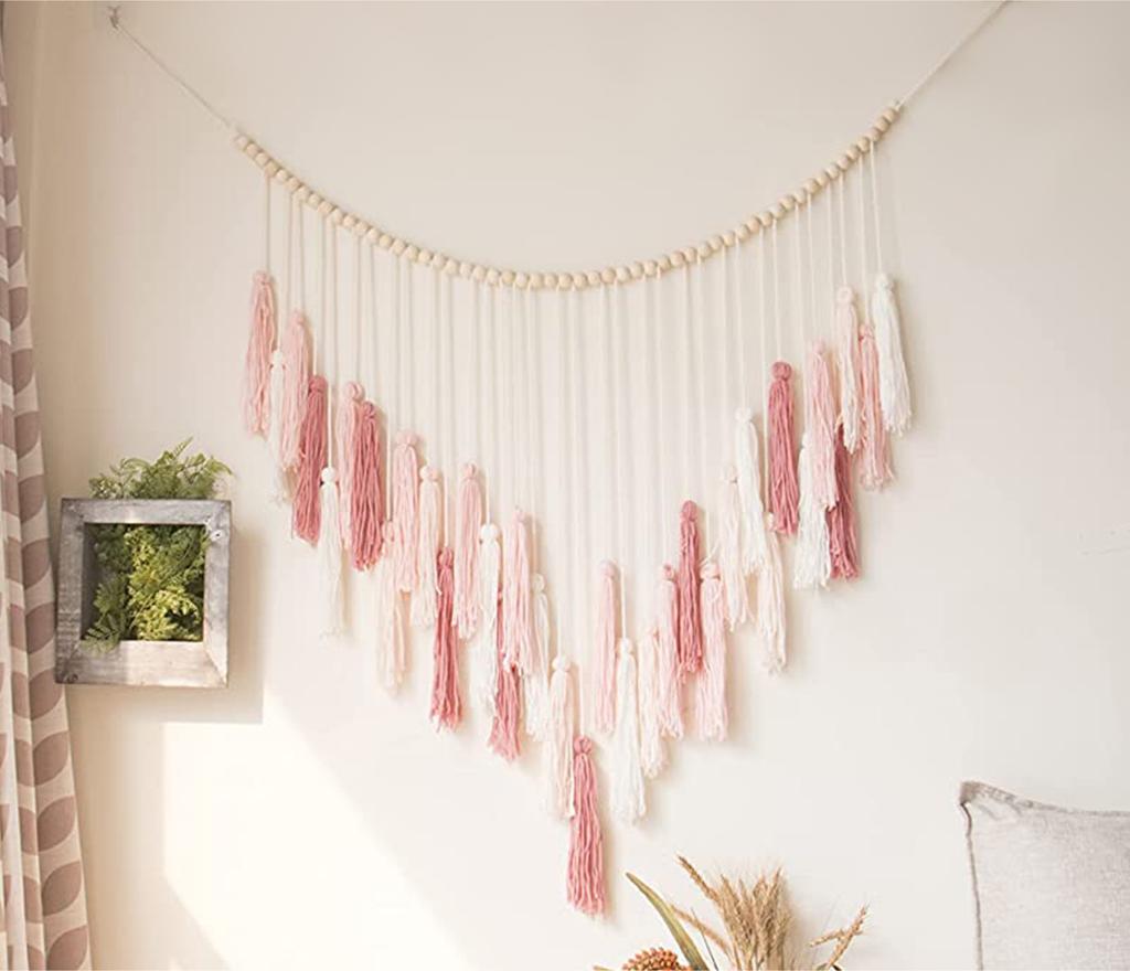 1pcs Bohemian Macrame Wall Hanging with Wood Beads & Fringe, Cotton Rope Woven Tapestry for Home Decor