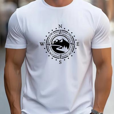Summer Men's 100_ Cotton Casual Loose Large Compass Pattern Printed Sports Comfortable Round Neck Short Sleeve T-shirt Top