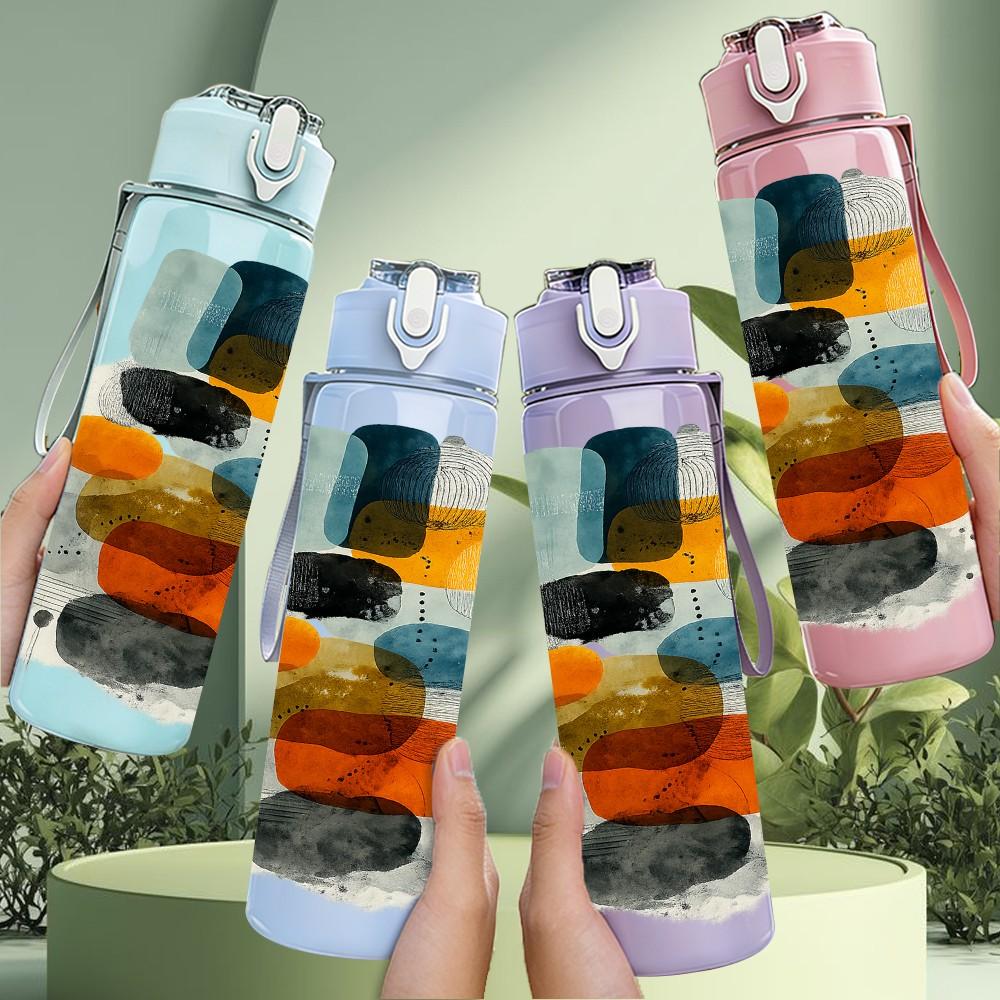 1PC Abstract Geometric Shape Modern Print 750ml Color Plastic Sports Water Bottle Leakproof Flip Straw Lid Suitable for Sports Office Home Use