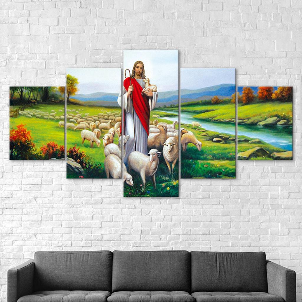 Jesus Christ Sheep Flock River 5 Piece Five Panel Wall Canvas Print Modern Art Poster Picture Home Decor Gift For Him For Her