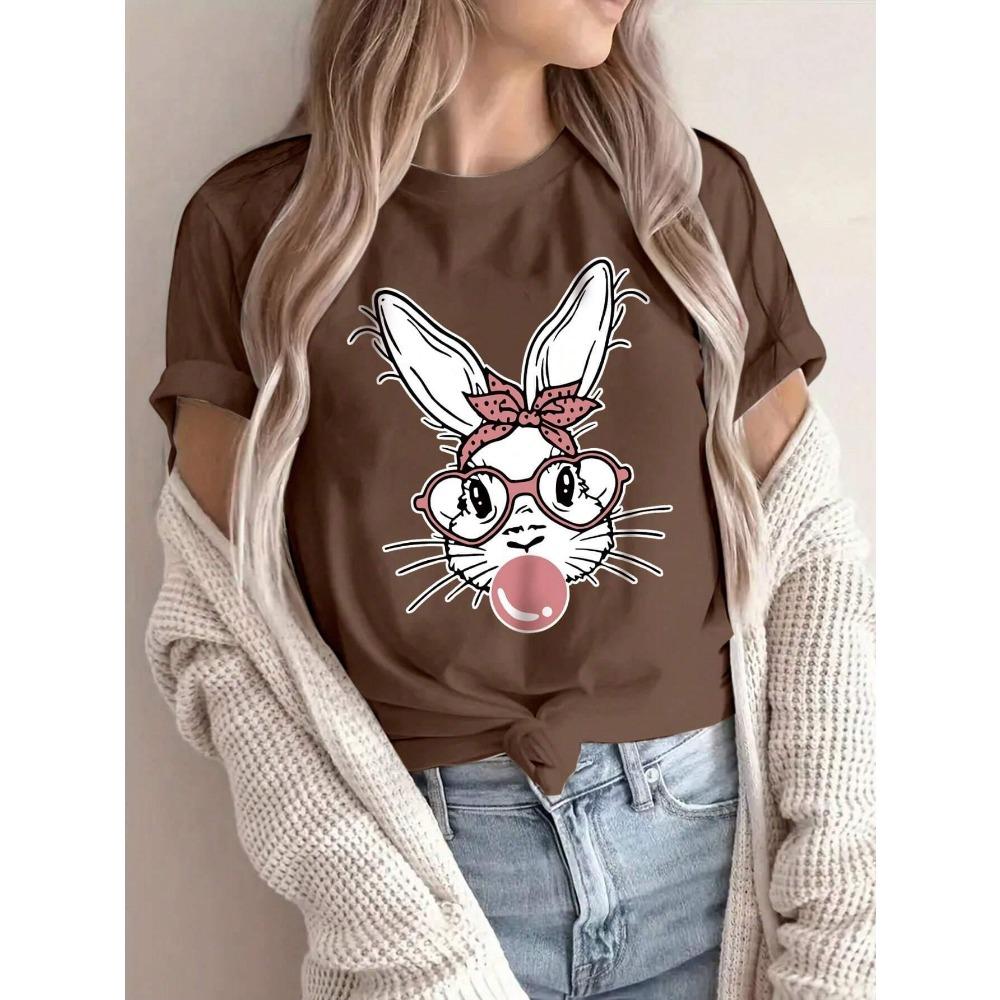 Fashion Pink Rabbit Bubble Blowing Women's T-shirt Casual Short Sleeve Street T-shirt Women's